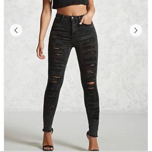 High waisted distressed faded black jeans